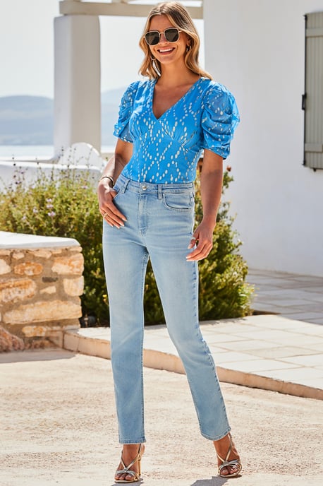Blue Metallic Fleck Print Puff Sleeve Top
