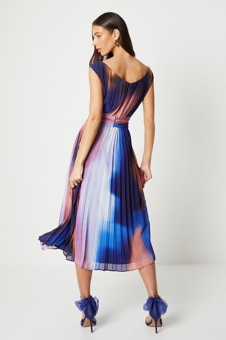 Printed Pleated V Neck Midi Dress