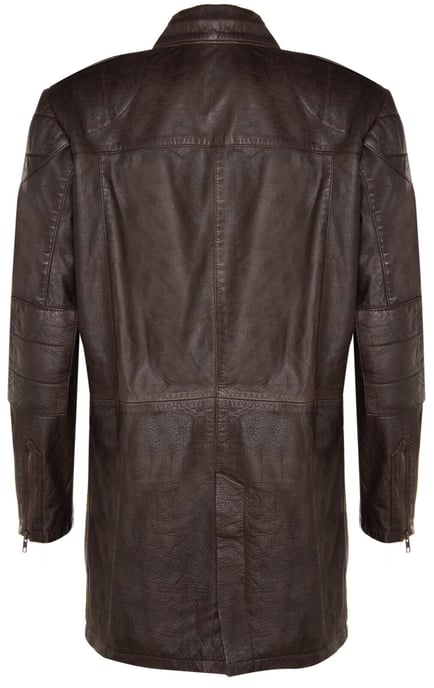 Softer, longer military trench coat in distressed leather