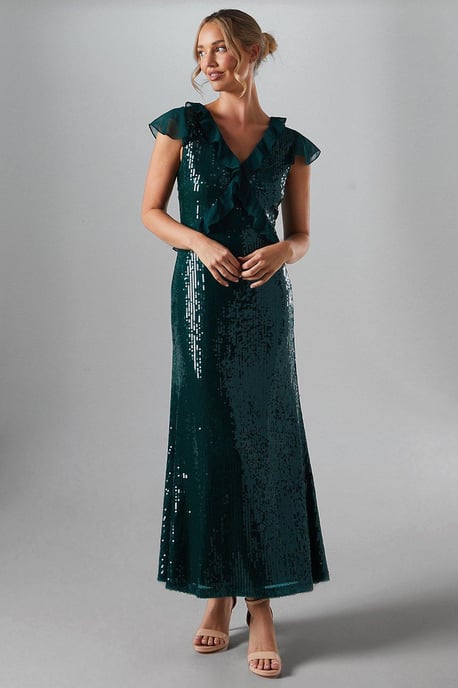 Sequin And Chiffon Flutter Sleeve Bridesmaids Midaxi Dress - Image 1