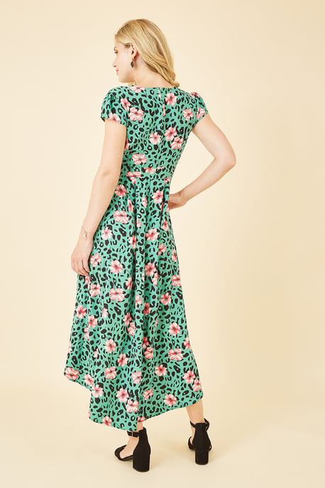 Mela Green Animal Print Dipped Hem Wrap Dress