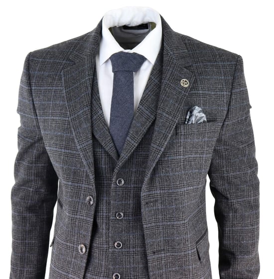 Traje de tweed de tres piezas a cuadros grises para hombre, Peaky Blinders, estilo Gatsby de los años 20, corte entallado - Image 3