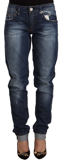 Jeans de mezclilla de cintura media ajustados de mujer Acht, azul desgastado con dobladillo doblado - Image 1