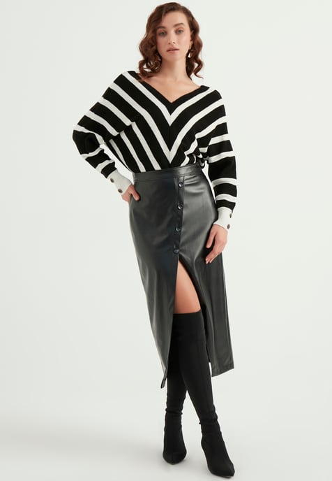 Buttoned Slit Faux Leather Skirt - Image 1