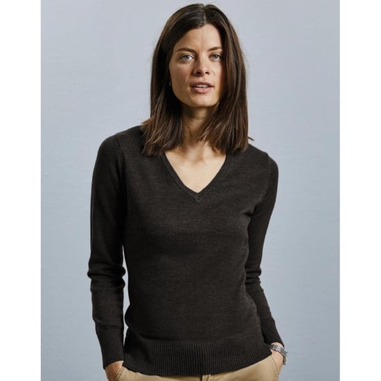 Russell Collection Ladies/Womens V-Neck Knitted Pullover Sweatshirt (Charcoal Marl) - Image 2