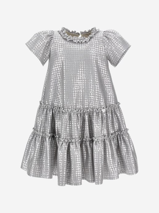 Monnalisa Girls Houndstooth Jacquard Dress in Silver