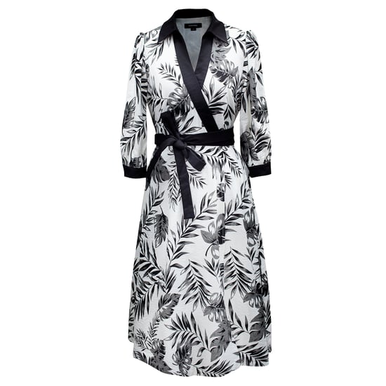 Bi-material wrap dress with tropical print