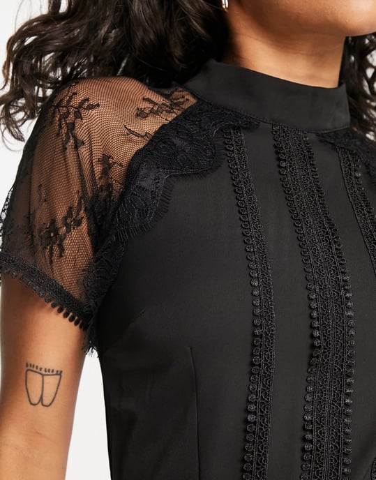 Liquorish Petite a line lace detail midi dress in black print