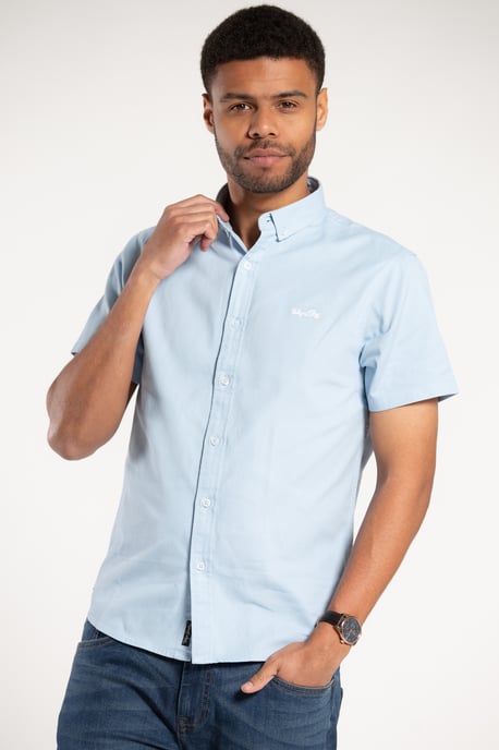 Pale Blue Cotton Short-Sleeve Button-Down Shirt