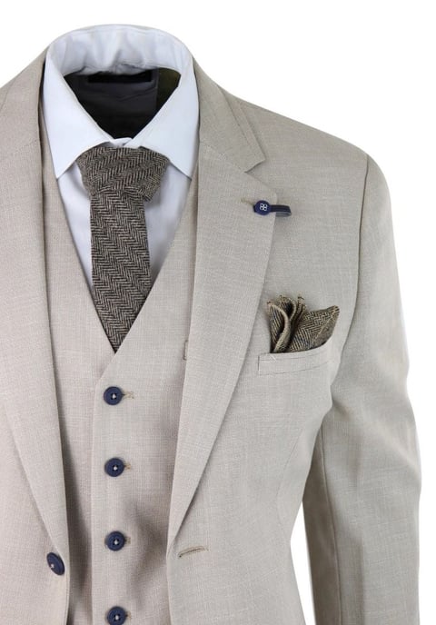 Traje clásico de verano y primavera de lino color crema de 3 piezas para hombre - Image 5