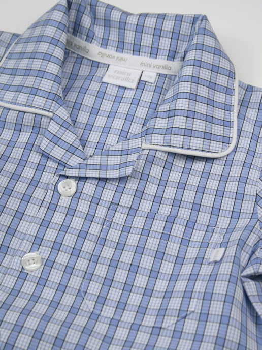 Boys Blue Mini Check Cotton Shortie Pyjama Set