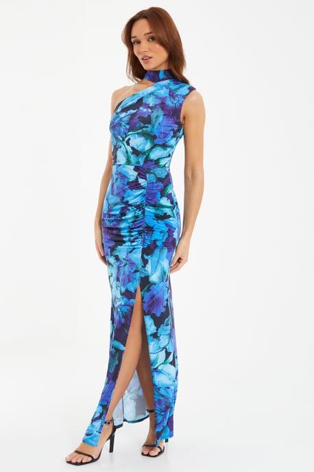 Blue Floral Asymmetric Maxi Dress