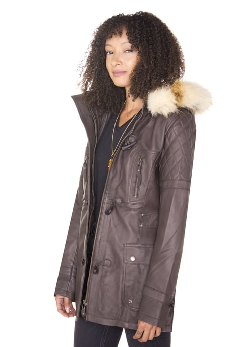 Womens Quilted Leather Parka Jacket-Brussels