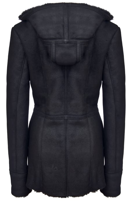 Womens Black Hooded Merino Sheepskin Jacket-Mandalay