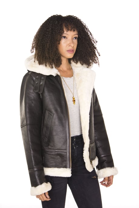 Womens Hooded Sheepskin Flying Leather Jacket-Palermo