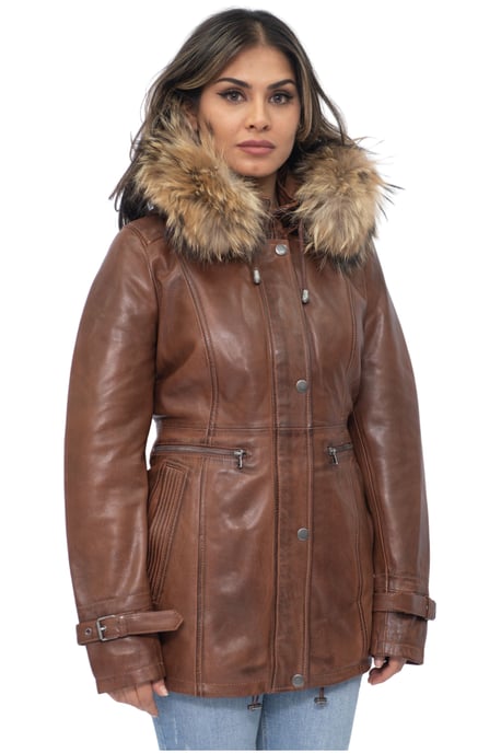 Womens Leather Hooded Parka Jacket-Putian