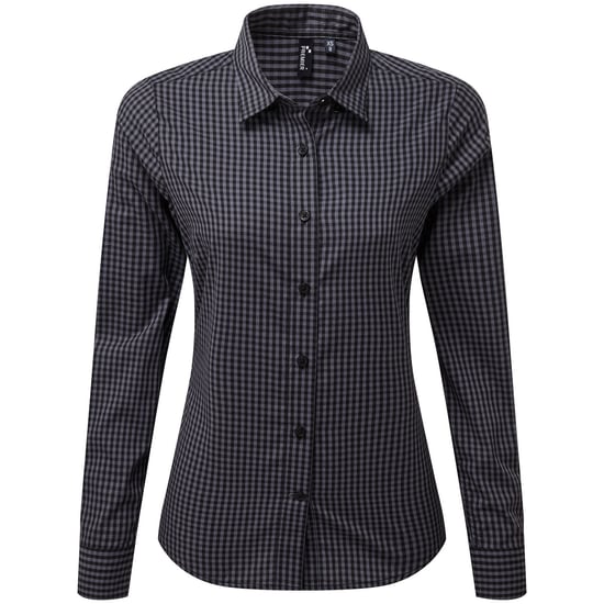 Premier Womens/Ladies Maxton Gingham Long-Sleeved Shirt (Steel/Black) - Image 1