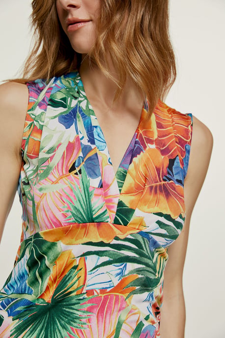 Print Orange V Neck Jersey Top