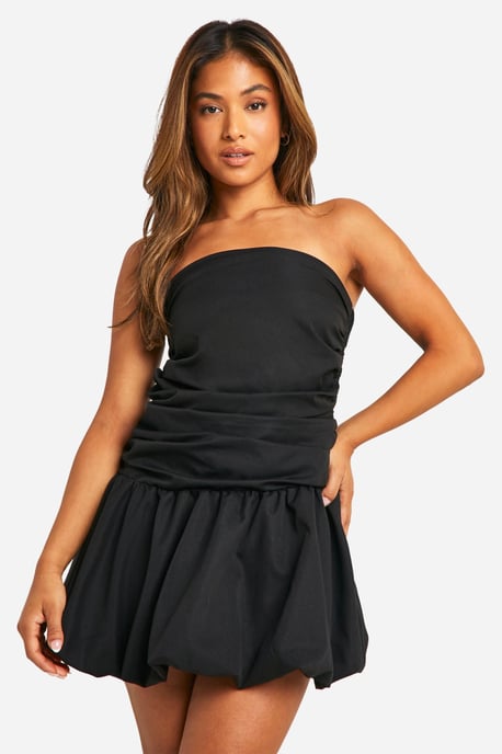 Petite Ruched Bandeau Open Back Puff Ball Mini Dress - Image 1