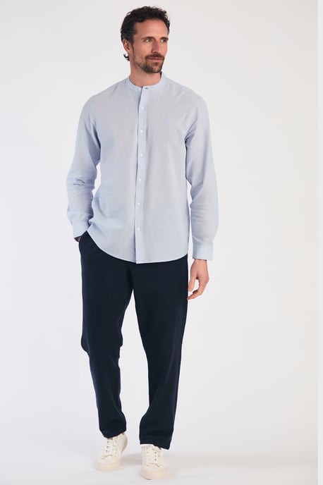 Blue Linen Blend Long Sleeve Button-Up Shirt With Grandad Collar