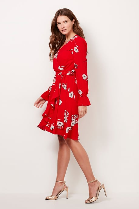 Red & White Floral Faux Wrap Dress