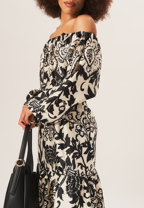 Mono Border Print Bardot Maxi Dress