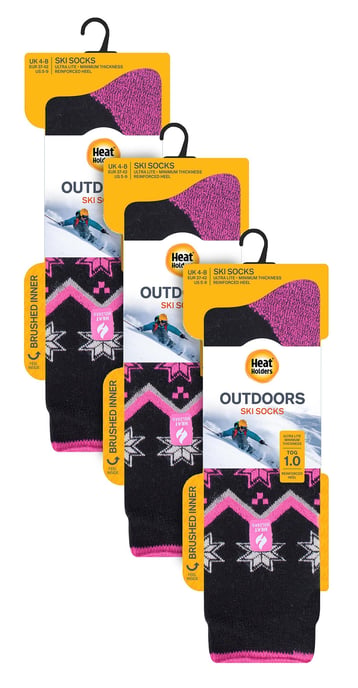 3 Pares Multipack Ultra Lite Ladies Ski Socks | Calentadores | Womens Funky Patterned Striped Knee High Socks - Black Fairisle - Image 2