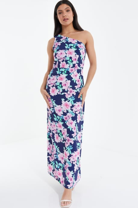 Navy Floral One Shoulder Maxi Dress