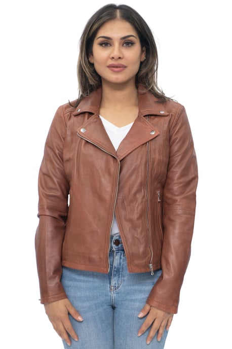 Women's tan leather biker jacket - Sacramento