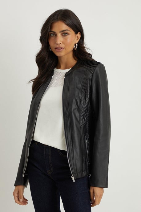 Black Faux Leather Stitch Detail Jacket - Image 1