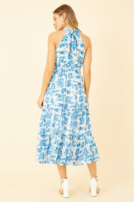 Blue Leaf Print Halter Neck Midi Dress