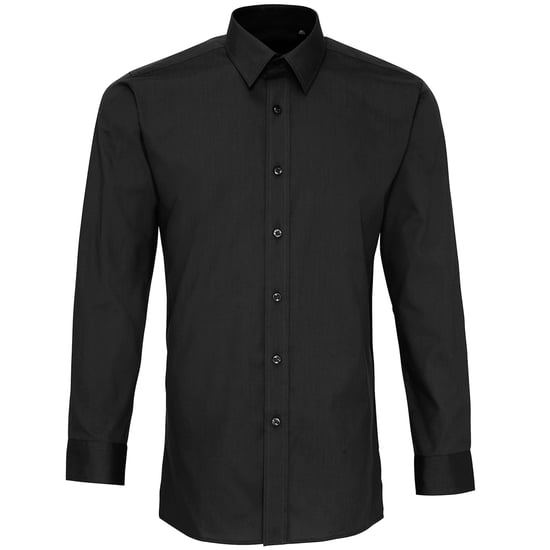 Premier Mens Long Sleeve Fitted Poplin Work Shirt (Black) - Image 1