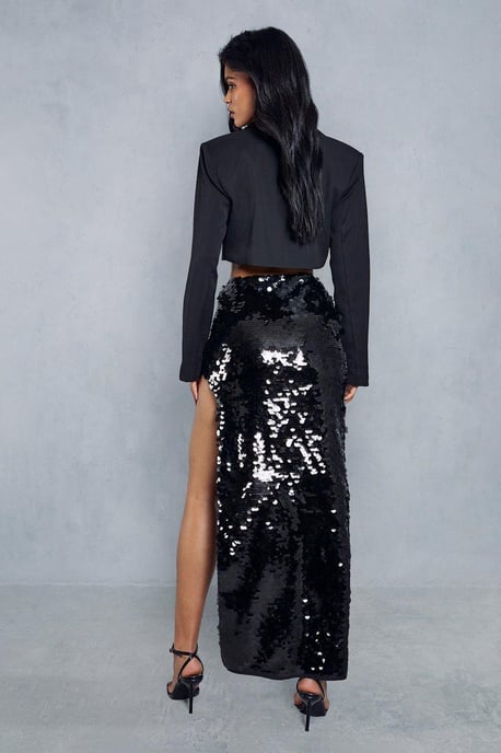 Disc Sequin Asymmetric Curved Maxi Skirt