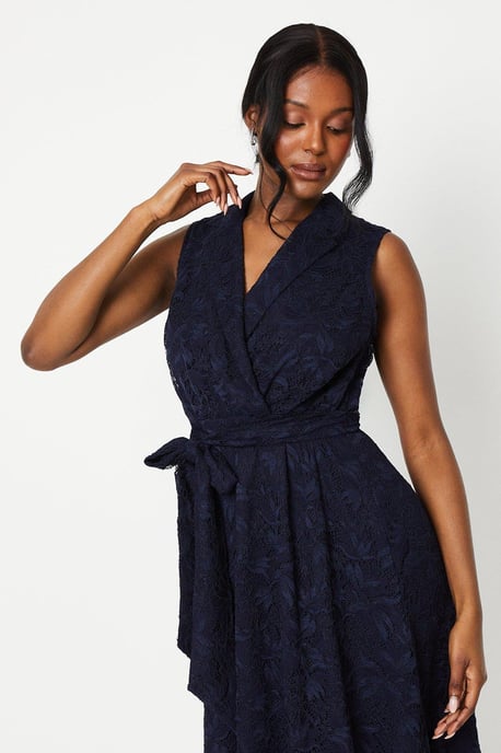 Sleeveless Lace Shirt Tie Waist Midi Dress