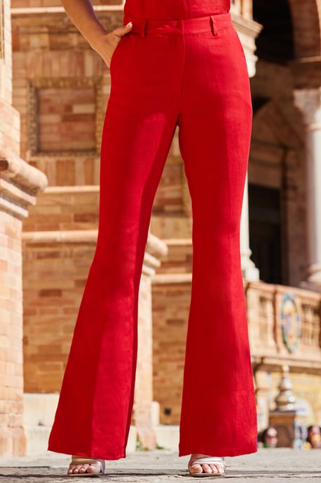 Red Linen Kick Flare Trousers With Pockets