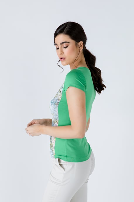 Green Short Sleeve Floral Print Top