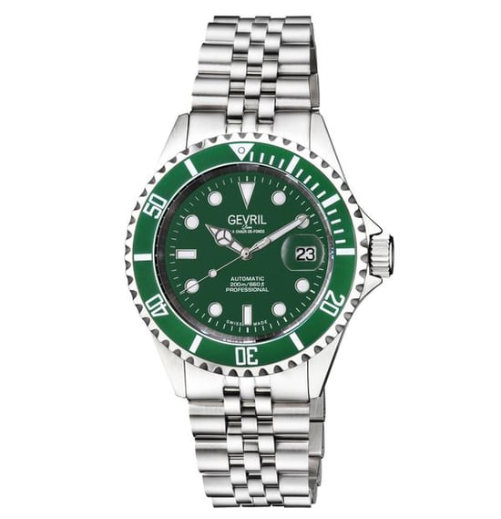Gevril Men's Wall Street Swiss automaitc Sellita SW200 Green Emerald Dial, Green Ceramic Bezel Stainless Steel Bracelet