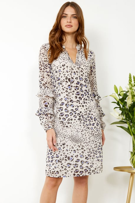 Cream Abstract Animal Print Ruffle Sleeve Dress