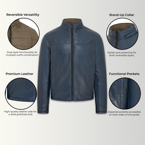 Mens Blue Reversible Bomber Leather Jacket - Raufoss
