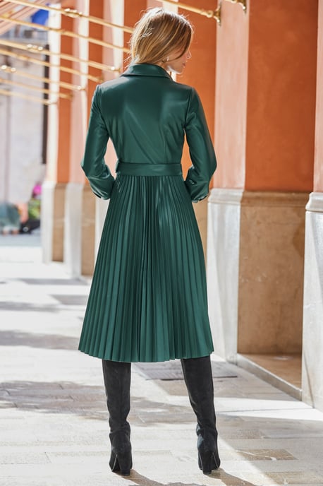 Dark Green Faux Leather Pleated Midi Dress