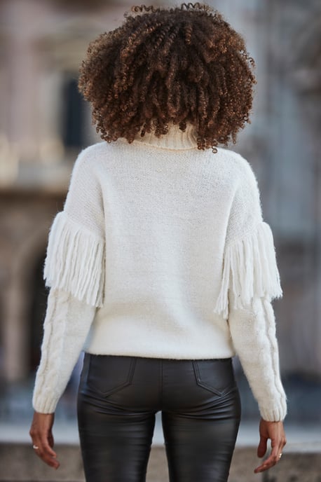 Cream Fringe Detail Roll Neck Cable Jumper