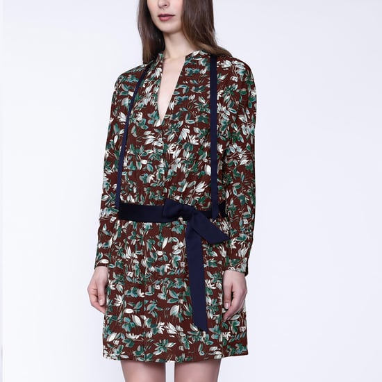 Satin collar short dress and leaves print - Image 1
