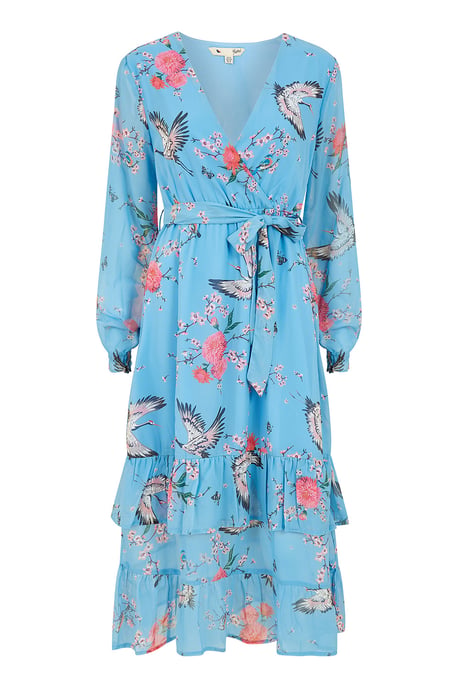 Blue Crane Print Long Sleeve Wrap Midi Dress