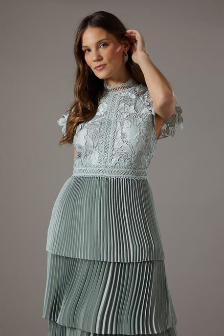 Satin Lace Pleated Tiered Dress
