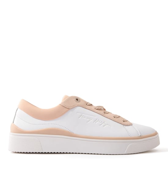 Zapatillas de cuero con suela de copa elevadas para mujer Tommy Hilfiger - Blancas y rosas - Image 1