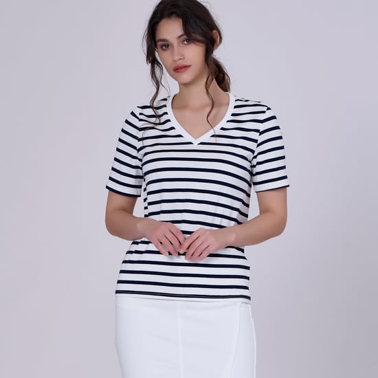 V neck stripes cotton T-shirt - Image 3