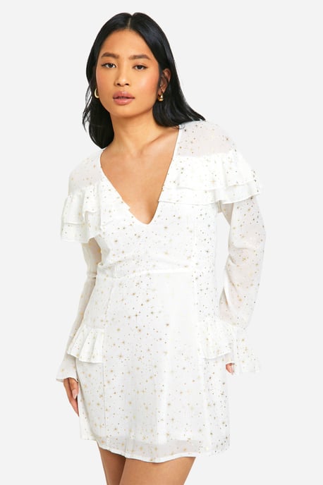 Petite Star Ruffle Detail Plunge Mini Dress - Image 1