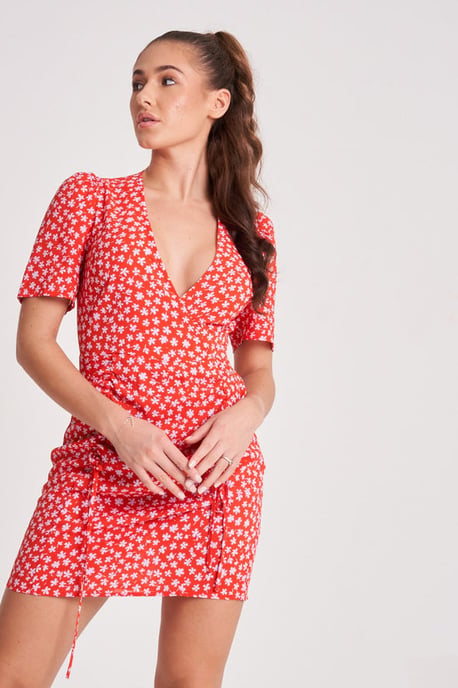 RED KATRINE RUCHED DETAIL DRESS