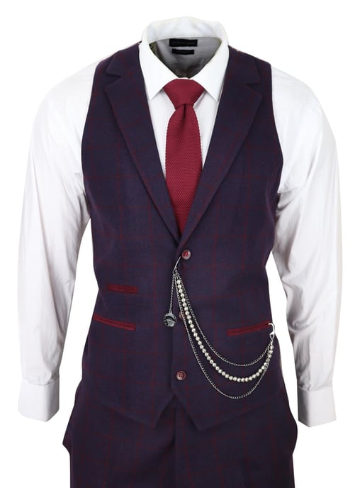 Traje de tweed de 3 piezas para hombre, a cuadros morados ciruela, Peaky Blinders, clásico Gatsby de los años 20 - Image 5