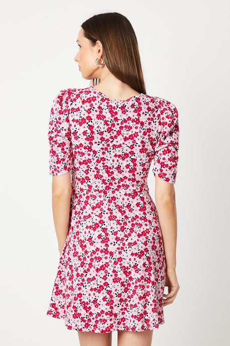 V Neck Ruched Front Puff Sleeve Mini Dress
